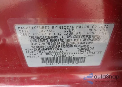 2016 Nissan Versa 1.6 Sv from USA, damaged, VIN 3N1CN7AP2GL913636